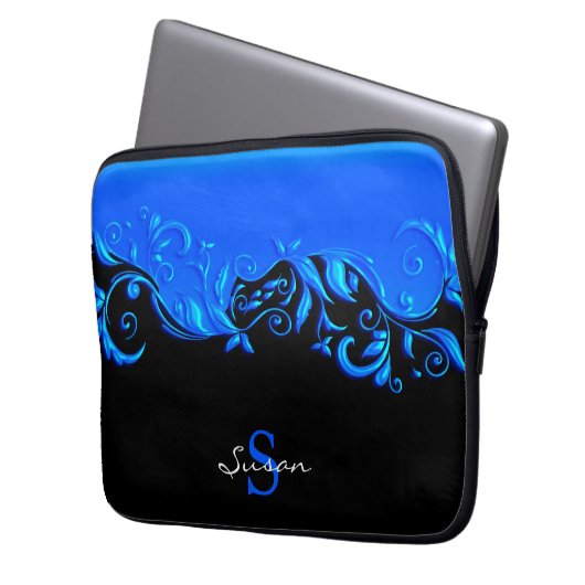 Blaues Blumendesign in Schwarz Laptopschutzhülle (Vorderseite Links)