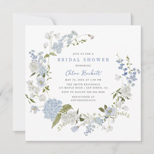 Blaues Blumendraht-Brautparty Einladung (Vorderseite)