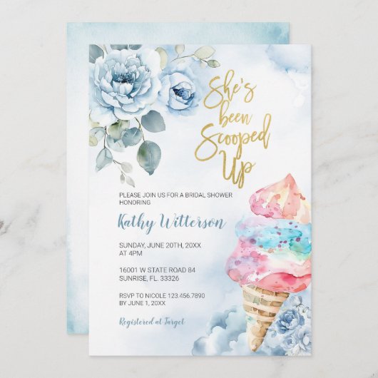 Blaues Blumeneis Creme Scooper-Brautparty Einladung (Vorne/Hinten)