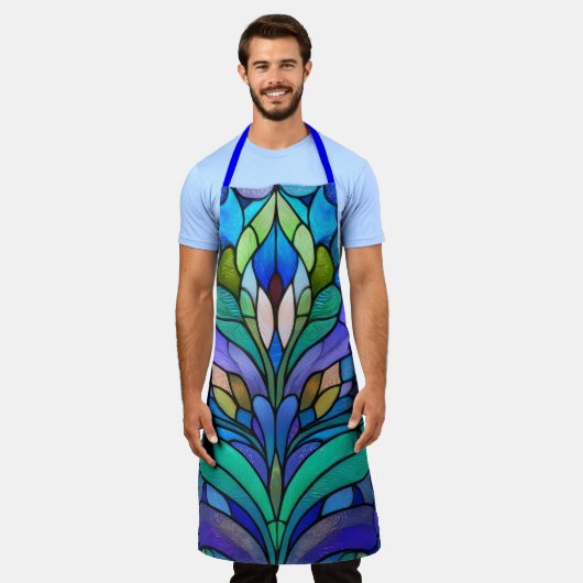 Blaues Blumenfarbglas Schürze (Getragen)