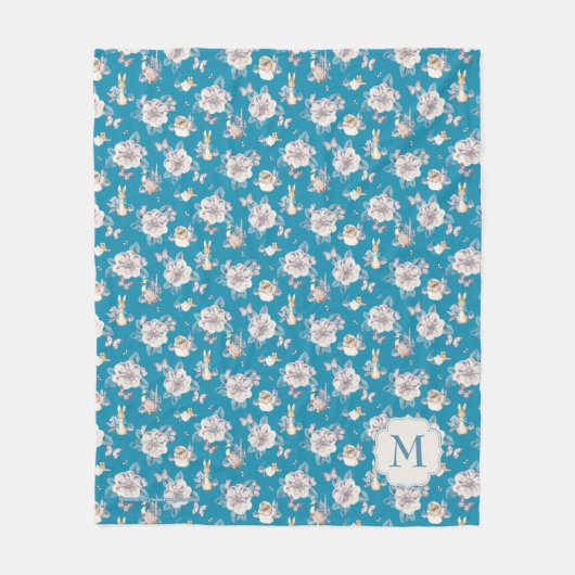 Blaues Blumengarten-Muster Peter-Kaninchen-| Fleecedecke (Vorderseite)