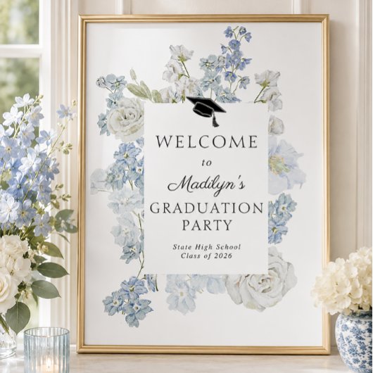 Blaues Blumengratulationsparty-Willkommensschild Poster