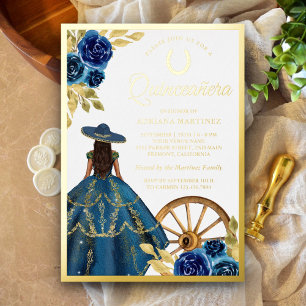 Blaues Blumenkleid Charro Western Quinceanera Gold Folieneinladung