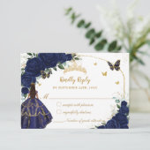 Blaues Blumenkostkleid Quinceañera XV 15 RSVP Karte (Stehend Vorderseite)