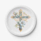 Blaues Blumenkreuz Erste Heilige Kommune Pappteller (Vorderseite)