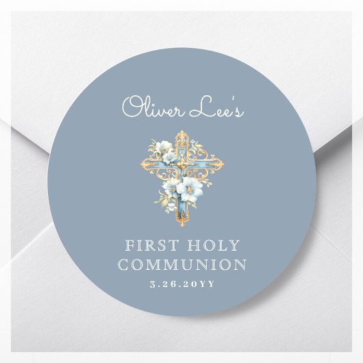 Blaues Blumenkreuz Erste Heilige Kommune Runder Aufkleber