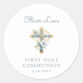 Blaues Blumenkreuz Erste Heilige Kommune Runder Aufkleber (Vorderseite)