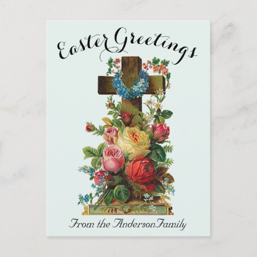 Blaues Blumenkreuz Vintag Ostern Religiös Postkarte (Vorderseite)