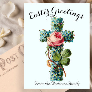 Blaues Blumenkreuz Vintag Ostern Religiös Postkarte