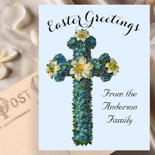 Blaues Blumenkreuz Vintag Ostern Religiös Postkarte