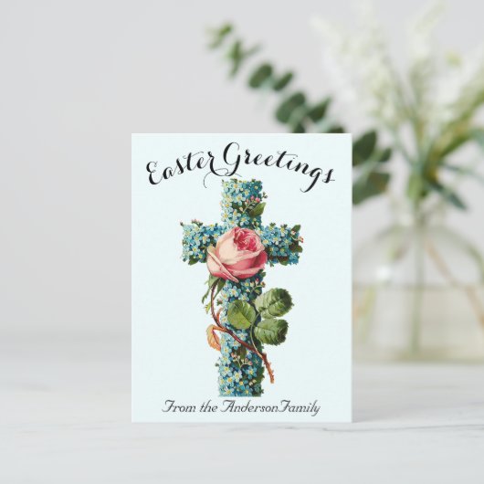 Blaues Blumenkreuz Vintag Ostern Religiös Postkarte (Stehend Vorderseite)
