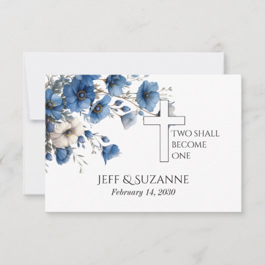 Blaues Blumenkreuz zwei wird eine Hochzeit Save The Date (Vorderseite)