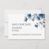 Blaues Blumenkreuz zwei wird eine Hochzeit Save The Date (Rückseite)