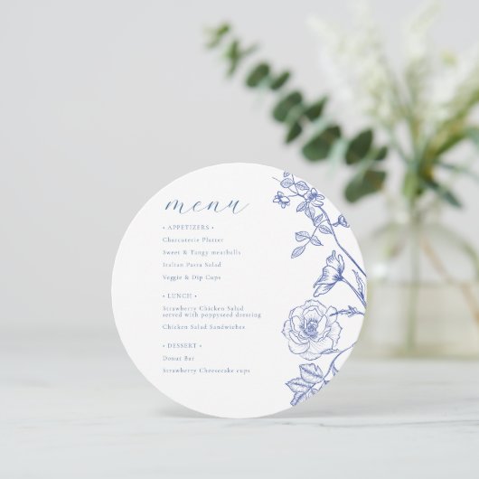 Blaues Blumenmenü Einladung (Stehend Vorderseite)