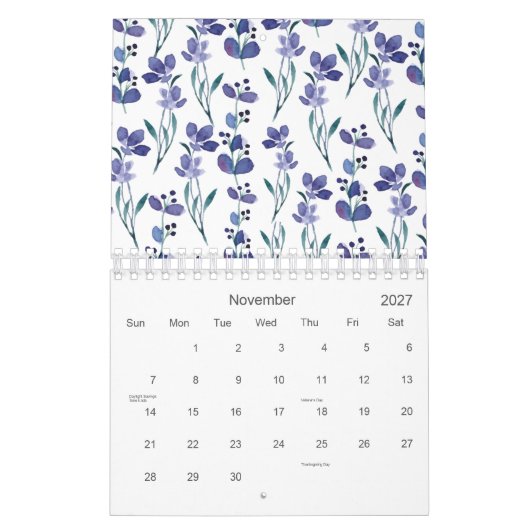 Blaues Blumenmuster 2026 Kalender (Nov 2027)