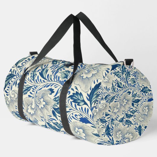 Blaues Blumenmuster Antikes asiatisches Design Duffle Bag (Linke Ecke)