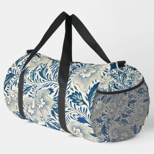 Blaues Blumenmuster Antikes asiatisches Design Duffle Bag (Rechte Ecke)