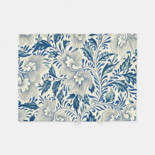 Blaues Blumenmuster Antikes asiatisches Design Fleecedecke (Vorderseite (Horizontal))