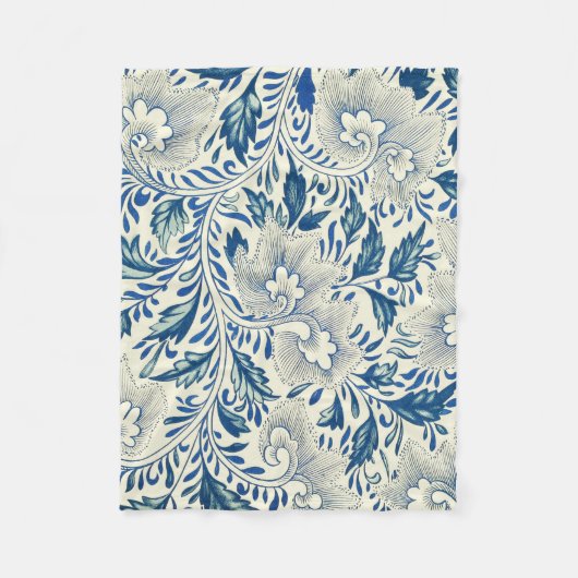 Blaues Blumenmuster Antikes asiatisches Design Fleecedecke (Vorderseite)