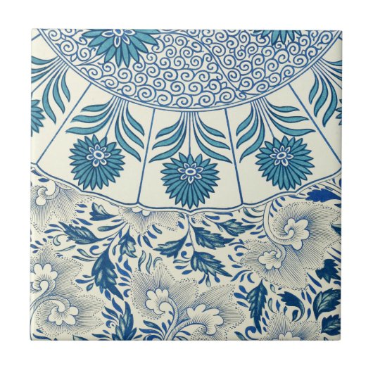 Blaues Blumenmuster Antikes asiatisches Design Fliese (Vorderseite)