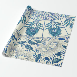 Blaues Blumenmuster Antikes asiatisches Design Geschenkpapier