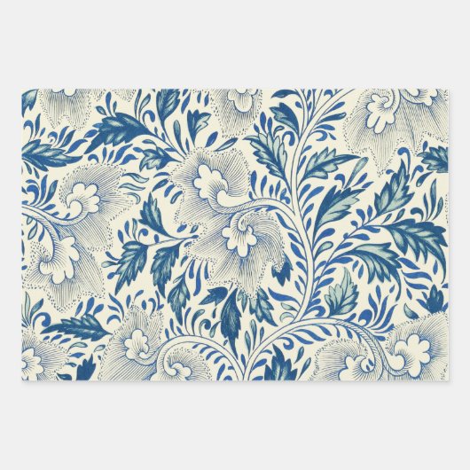 Blaues Blumenmuster Antikes asiatisches Design Geschenkpapier Set (Vorderseite)