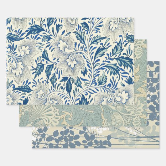 Blaues Blumenmuster Antikes asiatisches Design Geschenkpapier Set (Set)