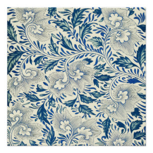 Blaues Blumenmuster Antikes asiatisches Design Poster