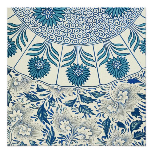 Blaues Blumenmuster Antikes asiatisches Design Poster (Vorderseite)