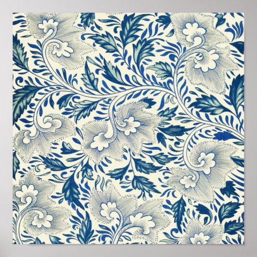 Blaues Blumenmuster Antikes asiatisches Design Poster (Vorne)