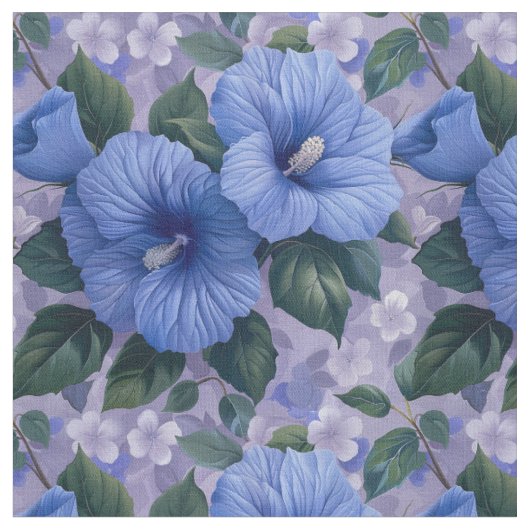 Blaues Blumenmuster auf lila Stoff (Nahaufnahme)