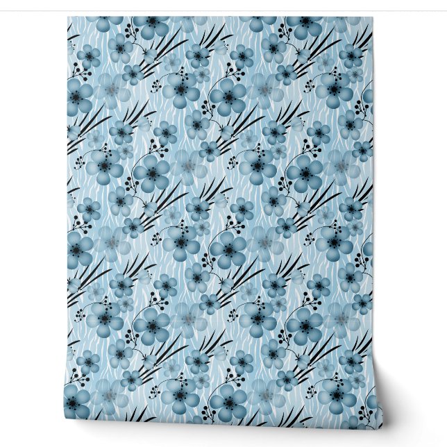 Blaues Blumenmuster auf Tigerhintergrund Tapete (Abrollen)