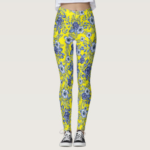Blaues Blumenmuster B Gelbes BG Leggings