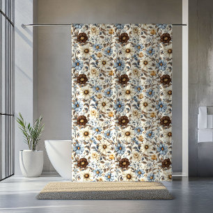 Blaues Blumenmuster Boho-Chic-Vorhang in Braun Duschvorhang