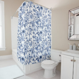 Blaues Blumenmuster im Vintage-Toile-Stil Duschvorhang