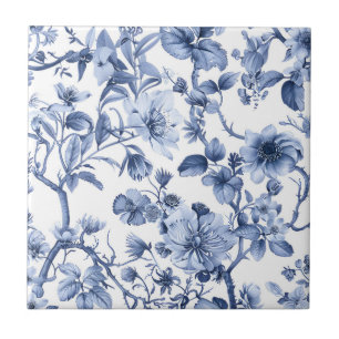 Blaues Blumenmuster im Vintage-Toile-Stil  Fliese