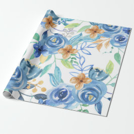 Blaues Blumenmuster, künstlerisches Aquarellbild Geschenkpapier