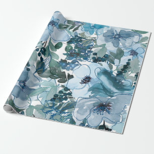 Blaues Blumenmuster, künstlerisches Aquarellbild Geschenkpapier
