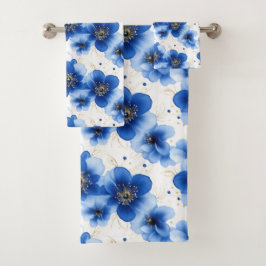Blaues Blumenmuster mit goldenen Akzenten Badhandtuch Set