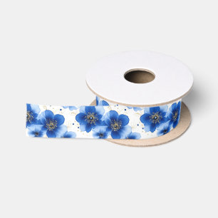 Blaues Blumenmuster mit goldenen Akzenten Satinband