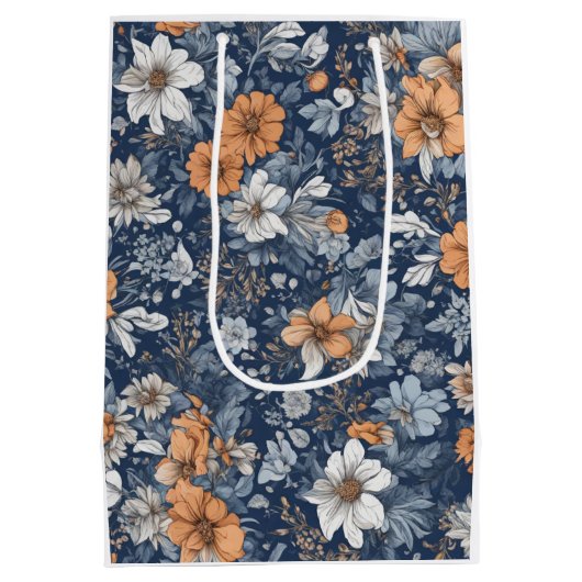 Blaues Blumenmuster Mittlere Geschenktüte (Rückseite)