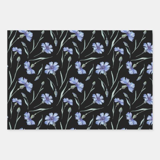 Blaues Blumenmuster Muster Schwarzer Hintergrund Geschenkpapier Set (Vorderseite 2)