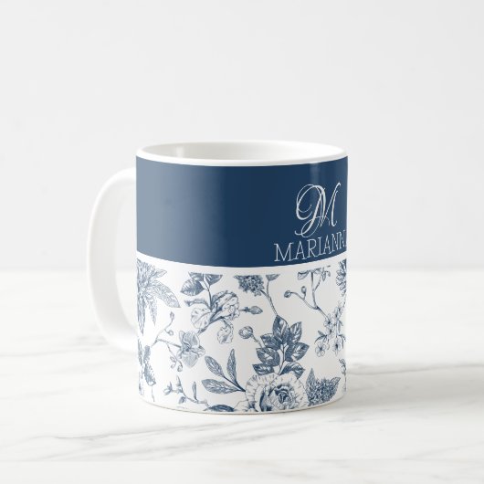 Blaues Blumenmuster & Name Personalisiert Kaffeetasse (Vorderseite Links)