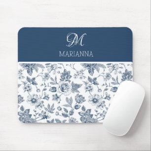 Blaues Blumenmuster & Name Personalisiert Mousepad