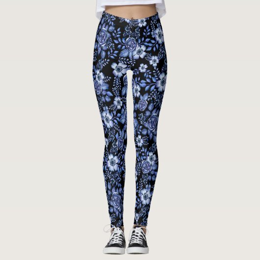 Blaues Blumenmuster Schwarz BG Leggings (Vorderseite)