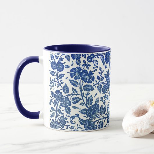 Blaues Blumenmuster Tasse (Mit Donut)