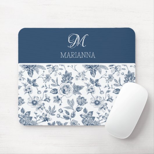 Blaues Blumenmuster und Name Personalisiert Mousepad (Mit Mouse)