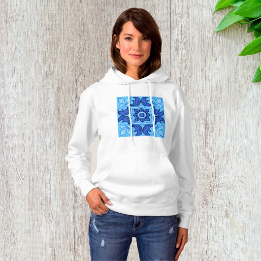 Blaues Blumenmuster Vintages Mittelmeer Hoodie