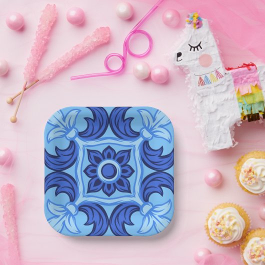 Blaues Blumenmuster Vintages Mittelmeer Pappteller (Party)