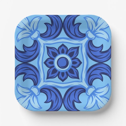 Blaues Blumenmuster Vintages Mittelmeer Pappteller (Vorderseite)